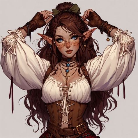 Rogue Dungeons And Dragons, Autumn Elf Art, Elf Fighter Female Dnd, Brunette Elf Female, Autumn Eladrin Female Dnd, D D Character Design Female, Half Elf Cleric Female Dnd, Fall Eladrin, Elf Sorcerer Female Dnd