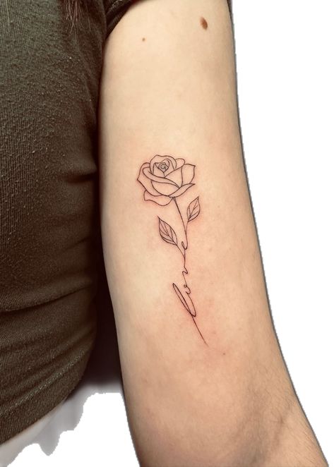 Rose with love in stem. #June #birthflowertattoo #selflove Rose With Love Stem Tattoo, Rose With Writing Stem Tattoo, Long Stem Rose Tattoo Forearm, Flower With Signature Stem Tattoo, Patchwork Rose Tattoo, Rose Tattoos For Women Forearm, Tea Rose Tattoo, Rose Tattoo With Stem, Rose Tattoo Fine Line