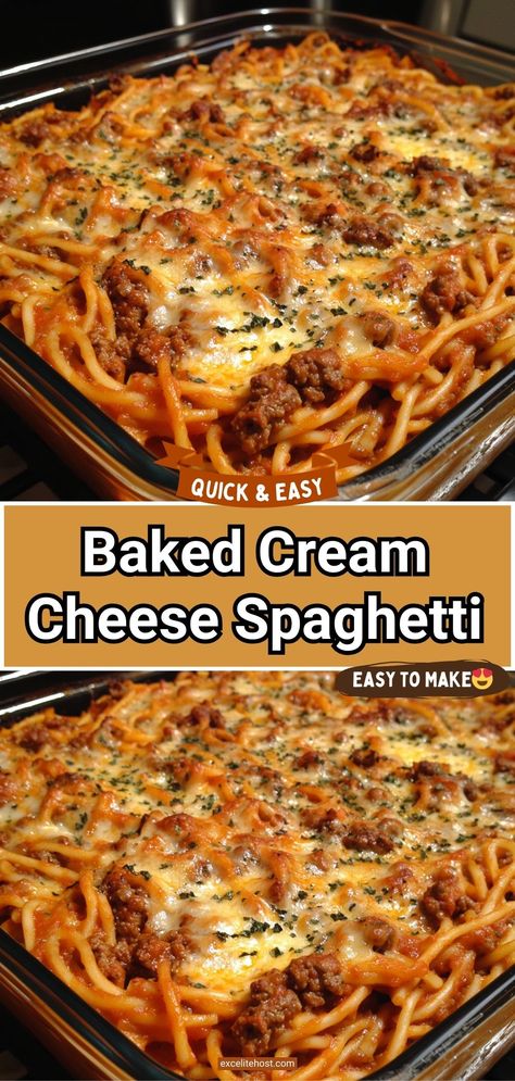 The baked spaghetti with cream cheese has a quick baking time of 30 minutes, mostly to melt the cheeses because everything else is already cooked! Cream Cheese Spaghetti Bake, Spaghetti Bake With Cream Cheese, Baked Soaghetti, Best Baked Spaghetti Recipe, Baked Spaghetti With Cream Cheese, Cream Cheese Recipes Dinner, Spaghetti With Cream Cheese, Easy Baked Spaghetti Recipe, Baked Cream Cheese