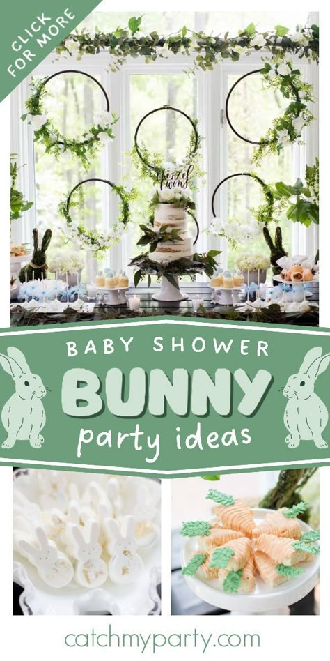 Take a look at this cute rustic rabbit-themed baby shower! The cake is amazing! See more party ideas and share yours at CatchMyParty.com Bunny Baby Shower Theme, Easter Baby Shower, Bunny Baby Shower, Free Baby Shower, Spring Baby Shower, Baby Shower Inspiration, Modern Baby Shower, Twins Baby Shower, Chic Baby