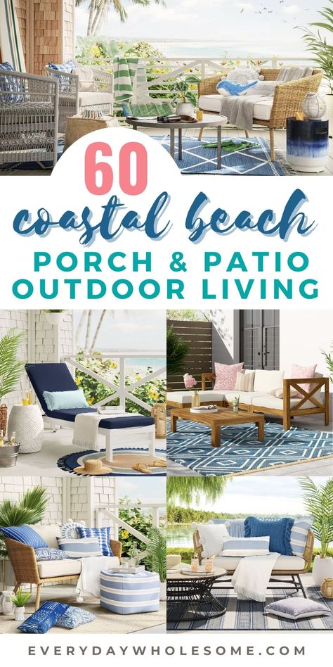 Coastal Front Porch Ideas, Coastal Exteriors, Coastal Outdoor Patio, Coastal Porch Decor, Coastal Patio Ideas, Outdoor Coastal Decor, Patio Color Schemes, Coastal Outdoor Living, Decorating Backyard