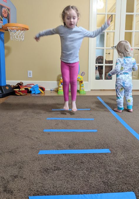 Tape On Floor Activities, Painter Tape Activities, Blue Tape Activities For Toddlers, Jumping Activities For Preschool, Painters Tape Activities For Kids, Painters Tape Activities, Large Motor Activities, Preschool Pe, Kids Group Activities