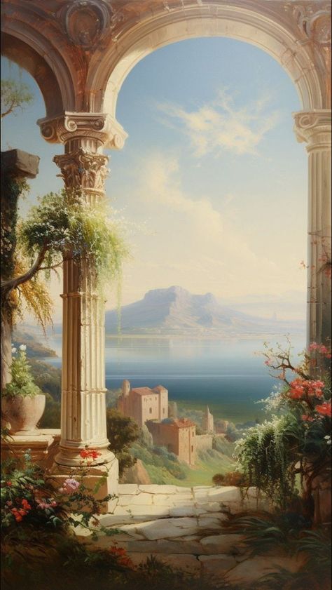 Roman Garden Aesthetic, Greek Paintings Aesthetic, Ancient Greece Background, Ancient Greece Aesthetic Architecture, Ancient Greek Castle, Greece Landscape Painting, Greece Castle, Ancient Greece Architecture, Greek Castle