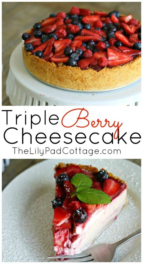 Delicious Triple Berry Cheesecake Recipe and Giveaway from www.thelilypadcottage.com Triple Berry Cheesecake, Berry Cheesecake Recipes, Cheesecake Recipes Classic, Berry Cheesecake, Christmas Cake Recipes, Strawberry Sauce, Think Food, Graham Cracker Crust, Cheesecake Recipe