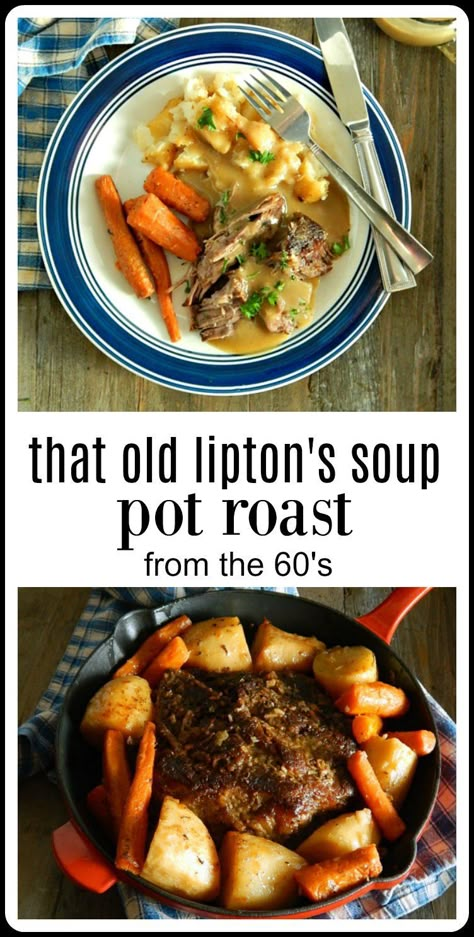 That Old Lipton Onion Soup Pot Roast Recipe is still a classic. Done up with potatoes and carrots in the oven or slow cooker it tastes like home. #PotRoastn #LiptonsPotRoast #LiptonOnionPotRoast #SlowCookerLiptonsPotRoast Instapot Pot Roast Lipton Onion Soup, Onion Soup Mix Roast Crockpot, Crockpot Pot Roast With Onion Soup, Potatoes With Lipton Onion Soup, Lipton Onion Soup Pot Roast, Onion Soup Pot Roast, Roast With Onion Soup Mix, Crockpot Sides, Chuck Roast Crock Pot Recipes