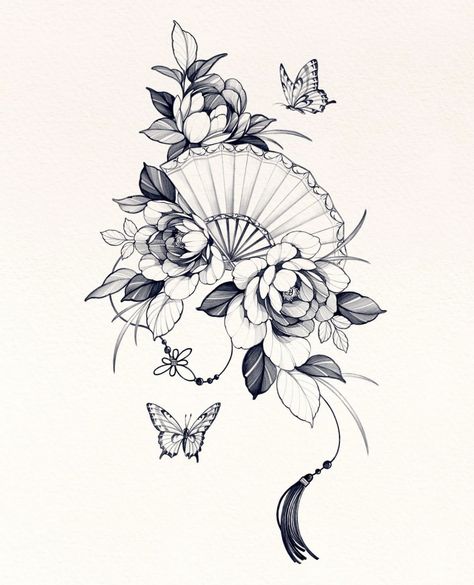 Line Work Sleeve, Sleeve Tattoos For Women Unique, Tattoo Japonais, Tattoos For Women Unique, Japanese Flower Tattoo, Fan Tattoo, Japan Tattoo Design, Floral Tattoo Sleeve, Sketch Tattoo