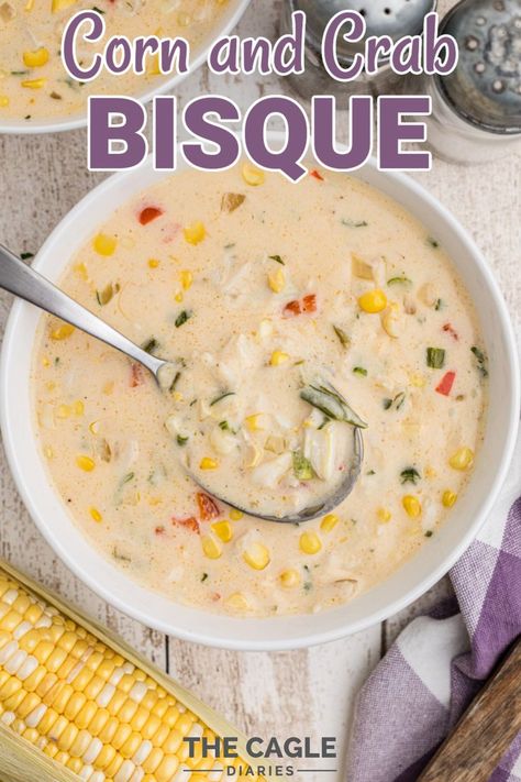 Delicious creamy and full of southern spice, this Corn and Crab Bisque is one of our absolute favorites. Full of crab meat and tasty sweet corn, you'll love it too! Follow my step by step photographs. Corn And Crab Bisque, Crab And Corn Bisque, Crab And Corn Soup, Crab And Corn Chowder, Crab Bisque Recipe, Crab And Corn, Crab Soup Recipes, Corn Bisque, Bisque Soup Recipes