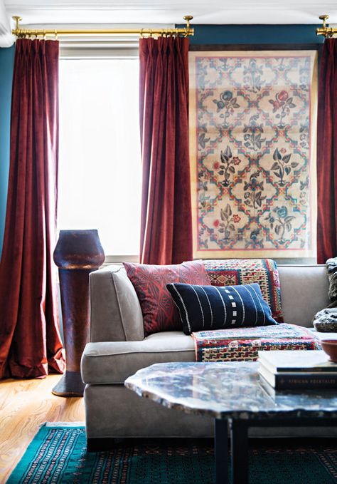 Anthony Gianacakos: Manhattan Interior Design | Domino Room Ideas Red, Burgundy Decor, Red Velvet Curtains, Burgundy Living Room, Living Room Decor Brown Couch, Blue Living Room Decor, Gold Living Room, Red Home Decor, Living Room Red