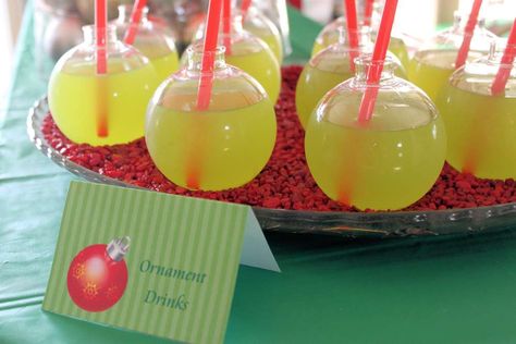 Christmas in July Birthday Party Ideas | Photo 16 of 42 | Catch My Party Christmas In July Birthday Party, Ornament Drinks, July Birthday Party, Christmas In July Party Ideas, Tacky Christmas Party, Christmas In July Party, Unicorn Christmas, Tacky Christmas, Clear Ornaments