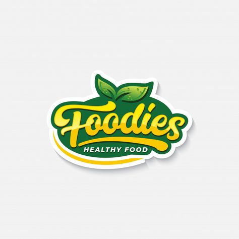 Foodies typography logo or label for hea... | Premium Vector #Freepik #vector #logo #food #label #leaf Typography Logo, Premium Vector, Healthy Food, Typography, Logo Design, Yellow, Green, Design