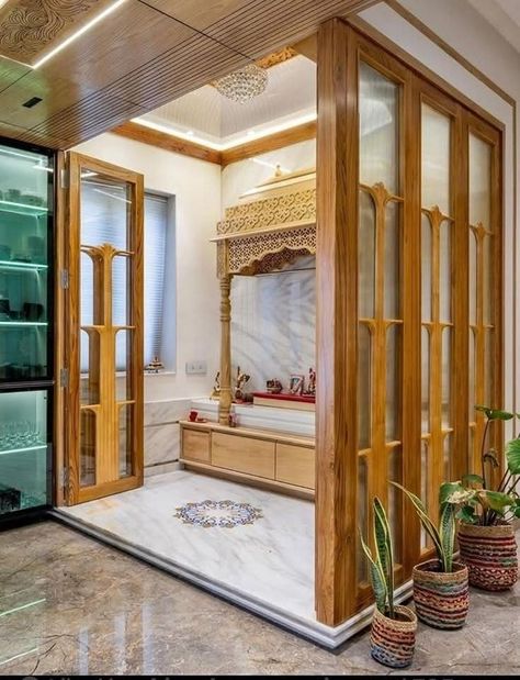 Puja Room In Bedroom, Mandir In House Puja Room, House Pooja Room Design, Puja Corner In Living Room, Pooja House Design, South Indian Mandir Design For Home, Glass Puja Room Ideas, Pooja Interior Design, Indian Prayer Room Ideas