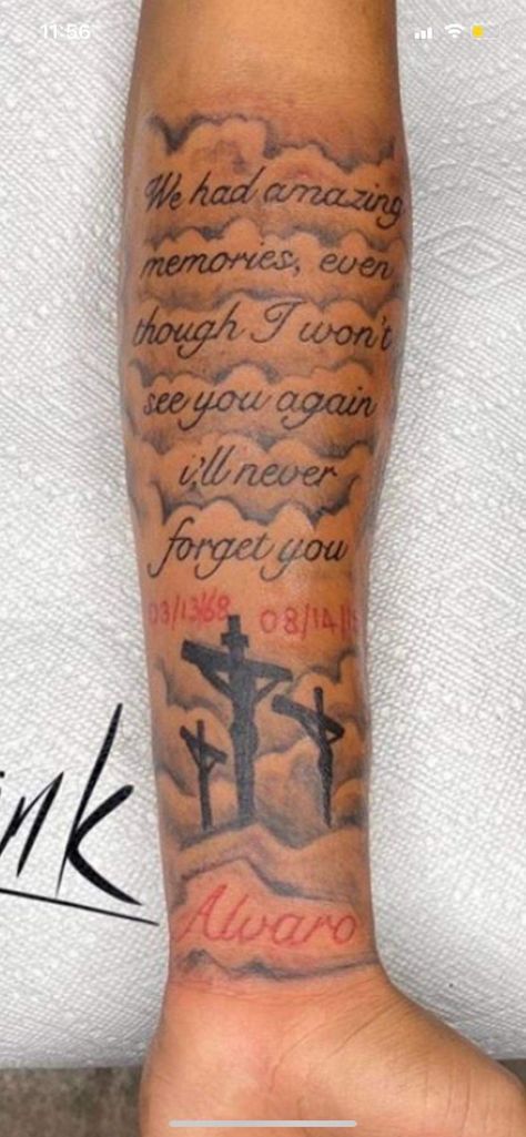 Male Memorial Tattoos, Even Though I Walk Through The Valley Tattoo Men, Arm Tattoo Men Bible Verse, Brother Tribute Tattoos, Faith Family Freedom Tattoo, Brother Passing Tattoos, Forearm Memorial Tattoos For Men, Rip Forearm Tattoos For Men, Half Sleeve Tattoos For Moms