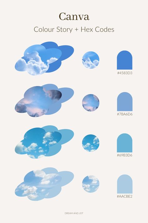 A light beige background with four different photos of cloudy blue skies and their corresponding hex codes beside each. Monochrome Blue Palette, Sky Blue Color Palette Colour Schemes, Colour Palette With Hex Codes, Jewellery Branding, Colour Pallettes, Sky Logo, Canva Planner, Day Sky, Sky Blue Colour