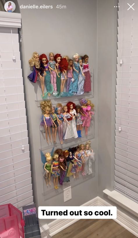 Playroom Doll Organization, Barbie Wall Storage, Dolls Organization Ideas, Barbie Doll Organization Ideas, Girls Toy Room, Barbie Organization Ideas, Barbie Storage Ideas, Paisley Bedroom, Barbie Storage