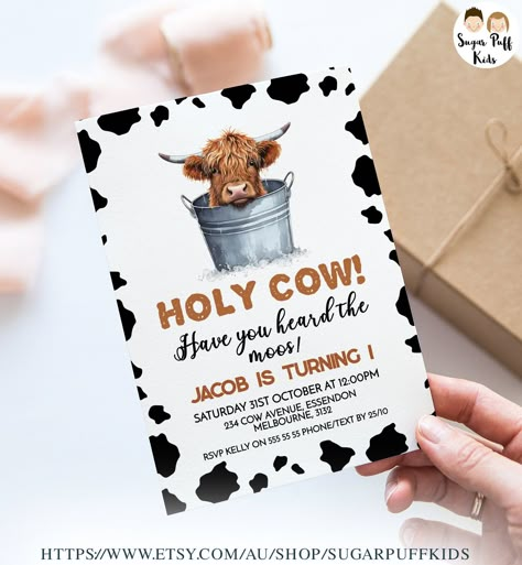 Printable Highland Cow in Bucket 1st Birthday Invite, Editable Holy Cow Invite, Boys Instant Download Highland Cow Invite, Black Cow Print Highland Cow Birthday Invitations, Cow First Birthday Boys, Cow Print 1st Birthday, Highland Cow Birthday Party, Cow 1st Birthday, Cow Birthday Party, Cow Birthday Parties, 1st Rodeo, Farm Themed Birthday Party