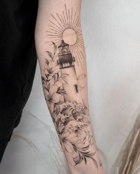 Ocean Sleeve Tattoos, Nautical Tattoo Sleeve, Lower Arm Tattoos, Feminine Tattoo Sleeves, Lighthouse Tattoo, Tattoos For Women Half Sleeve, Nautical Tattoo, Beach Tattoo, Forearm Tattoo Women