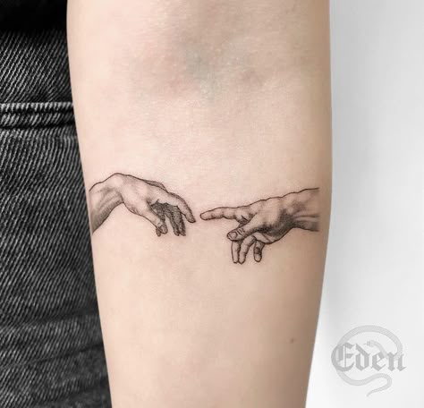 Fine Line Aesthetic Tattoo, Michael Angelo Hands Tattoo, Michaelangelo Tattoos, Sistine Chapel Tattoo, Aesthetic Arm Tattoos, Forbidden Tattoo, Michael Angelo Tattoo, Angelo Tattoo, Michelangelo Tattoo