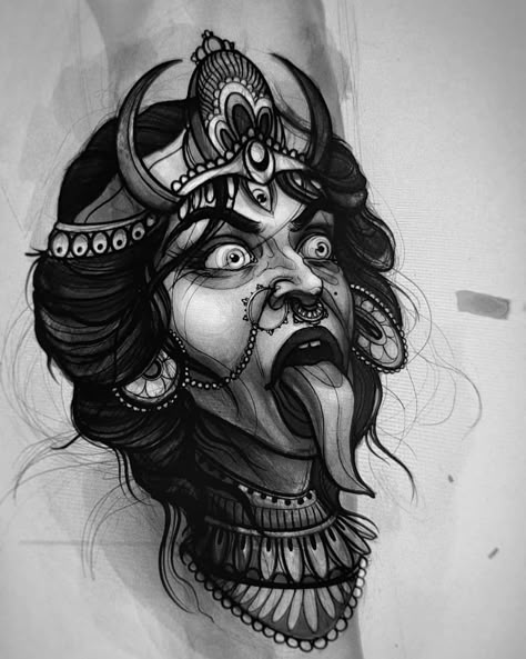 Kali Maa Tattoo Design, Kaali Maa Tattoo, Theyyam Tattoo Designs, Kali Mata Tattoo Designs, Maa Kali Tattoo Design, Kali Tattoo Design Art, Kali Mata Tattoo, Kali Maa Tattoo, Goddess Kali Tattoo