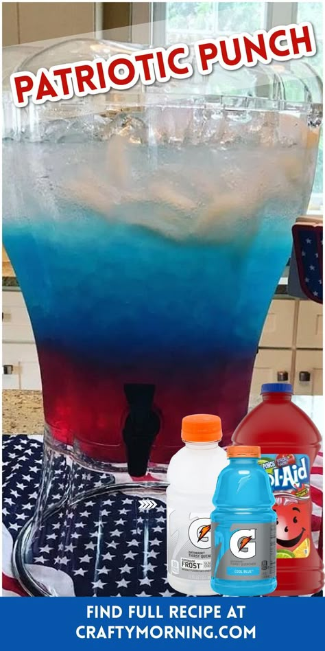 Layered 4th Of July Drinks, Fun 4th Of July Food Ideas Easy, 4th Of July Party Punch For Kids, Patriotic Birthday Party For Kids, Craft For 4th Of July, Fourth Of July Chips And Dip, Patriotic Drinks For Kids, Memorial Day Punch For Kids, July 4th Birthday Party Ideas