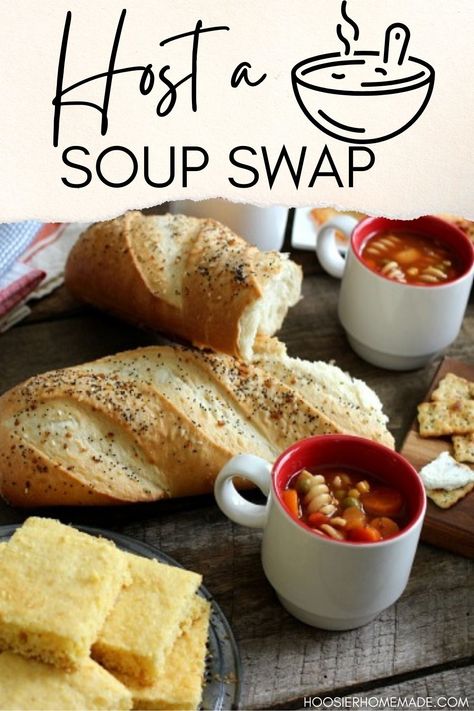 I bet you have heard of a cookie swap but how about a Soup Swap? Gather your friends for a Soup Swap – each person brings 6 containers with their favorite Freezer Soup, you all enjoy the soup and good company – and then go home with dinner to stock your freezer. What could be better than that? With the holidays behind us, and the Winter weather continuing to keep us inside, we all have a bit of cabin fever. So why not host a Soup Swap? Hosting A Soup Party, Soup Swap Party Ideas, Recipe Swap Party Ideas, Soup Swap Party, Soup Exchange Party, Soup Tasting Party Ideas, Soup Party Ideas Entertaining, Cinnamon Apple Recipes, Easy Creative Recipes