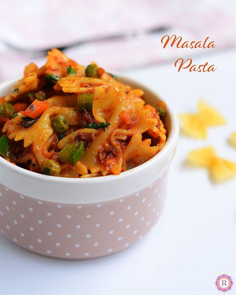 Masala Pasta Recipe | Indian Style Pasta - Raks Kitchen Indian Style Pasta, Pasta Indian Style Recipe, Masala Pasta, Pasta Indian Style, Dinner Prep, Recipe Indian, Bowtie Pasta, Fusion Food, Penne Pasta