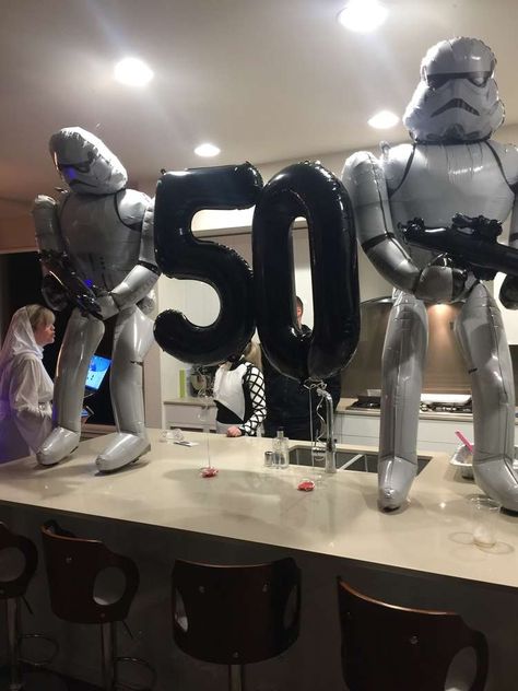 Star Wars 50th Birthday | CatchMyParty.com 50th Birthday Star Wars Theme, 30th Star Wars Birthday, 50th Star Wars Birthday Party, 50th Birthday Star Wars, Star Wars 50th Birthday Party Ideas, Star Wars 30th Birthday Party, Star Wars Party Ideas For Adults, Star Wars 40th Birthday Ideas For Men, Star Wars Birthday Party Ideas For Boys