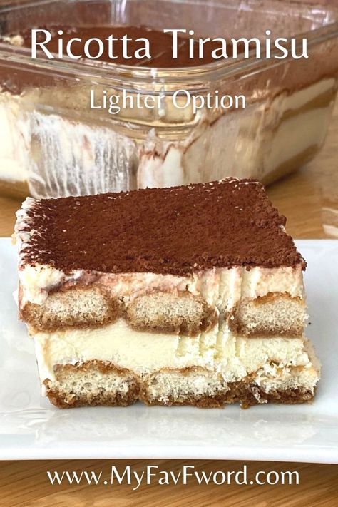 Ricotta tiramisu is a great light and creamy low calorie option to traditional mascarpone tiramisu. This option is definitely different in texture, however, as much or maybe even more divine. This recipe is the same as regular tiramisu recipe, the only difference is the type of cheese that is being used. Some recipes do use whipping cream to make the cake light and some use egg whites. If you care about your calories – egg whites are a better option. #tiramisu #ricottatiramisu #lowcaloriedessert Ricotta Cheese Recipes Dessert, Ricotta Cheese Desserts, Mascarpone Tiramisu, Ricotta Recipes Dessert, Low Calorie Cheese, Recipe Using Ricotta, Cheese Dessert Recipes, Healthy Cream Cheese, Type Of Cheese