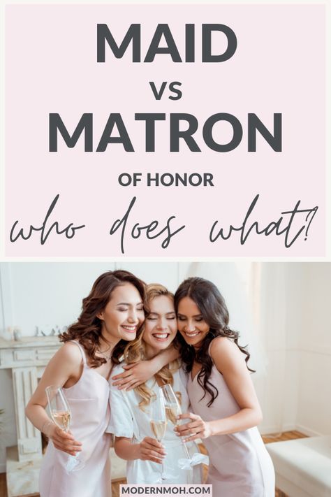 Maid of honor vs matron of honor duties: what's the difference? Can there be a maid and matron of honor? If so, who does what? Find the answers to these questions and more! #maidofhonor #matronofhonor #maidofhonorduties #ModernMOH Matron Of Honor Hairstyles, Matron Of Honor Duties, Maid And Matron Of Honor, Matron Of Honor Dresses, Maid Of Honor Responsibilities, Maid Of Honor's Outfit, Large Bridal Parties, Wedding Maids, Made Of Honor