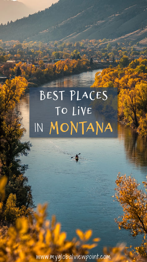 A kayaker paddles down a tranquil river surrounded by autumn-colored trees and rolling hills in Montana, creating a picturesque and serene landscape in one of the best places to live in Montana. Mission Mountains Montana, Best Mountain Towns To Live In, Places To See In Montana, Best Places To Stay In Montana, Moving To Montana, Living In Montana, Best Places To Live In Us, Houses In Montana, Visiting Montana