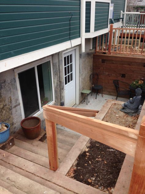 Add Egress To Basement, Basement Exterior Entrance, Basement Entrance Outdoor Ideas, Walkout Basement Door, Sunken Basement, Converted Basement, Sunken Backyard, Walk Up Basement, Walkout Basement Patio