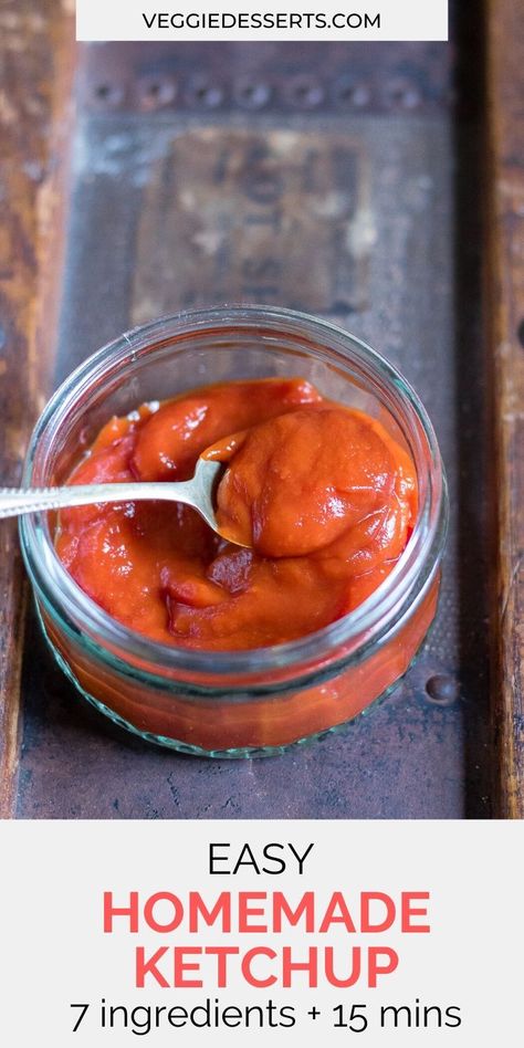 Make this tasty homemade tomato ketchup recipe in only 15 minutes with store cupboard ingredients (and no refined sugar!). You can use fresh or canned tomatoes.  "I didn’t realise just how quick and easy was to make your own ketchup. It was really easy and the kids loved it." - Kirsty "I've never thought about making my own ketchup until I saw this on Facebook and it was really easy." - Hannah Healthy Ketchup Recipe, Sugar Free Ketchup Recipe, Homemade Tomato Ketchup, Tomato Ketchup Recipe, Homemade Ketchup Recipes, Veggie Desserts, Healthy Dip Recipes, Canned Plums, Recipes For Children