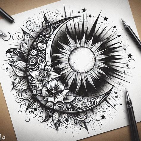 Sun Moon And Stars Tattoo Sleeve, Sun And Moon Chest Tattoo, Tattoo Ideas Moon And Stars, Side Piece Tattoos For Women, Stars Tattoos For Women, Sun Moon Tattoo Design, Sun And Moon Sketch, Sun And Flower Tattoo, Moon And Sun Tattoos