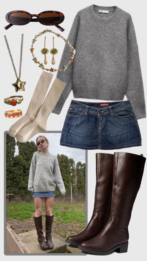 fall outfit with tall brown boots, gold jewelry, grey sweater, gold jewelry, & denim skirt Skirt Outfits With Boots, Fall Boots Outfit, Skirt Outfits Fall, Tall Brown Boots, Denim Skirt Outfits, Downtown Outfits, Autumn Outfit, Outfit Inspo Fall, Mode Vintage