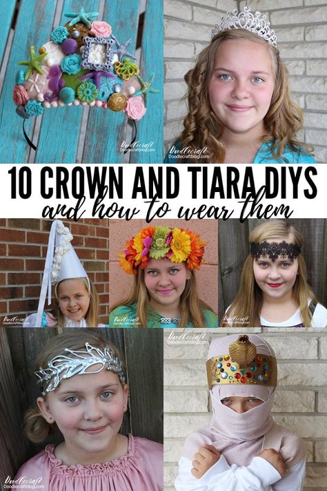 10 DIY Crowns Tiaras Plus How to Wear Them!  I love crowns. Every year on my birthday, (January 23rd, for those of you keeping track) I w... Head Dress Diy Ideas, Diy Princess Tiara, Princess Birthday Party Favors, Diy Crowns, Diy Fairy Wings, Diy Tiara, Diy Elastic, Make A Crown, Handmade Tiaras