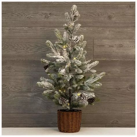 Flocked Pre-Lit Spruce Tree In Woven Basket | Hobby Lobby | 5949763 Tall White Planter, Porch Christmas Tree, Christmas Tree Spray, Winter Farmhouse Decor, Mini Christmas Tree Decorations, Christmas Tree Picks, Hobby Lobby Decor, Fake Christmas Trees, White Birch Trees