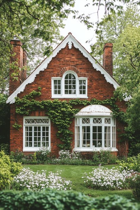 56 Charming Countryside Houses You'll Fall in Love With 1930s Cottage House Exterior, Shingle Cottage Exterior, Farm Cottage House Exterior, Double Story Cottage House, Tudor Home With Front Porch, 1 Story Victorian House, Brick House Window Boxes, Brick Bay Window Exterior, Stone A Frame House