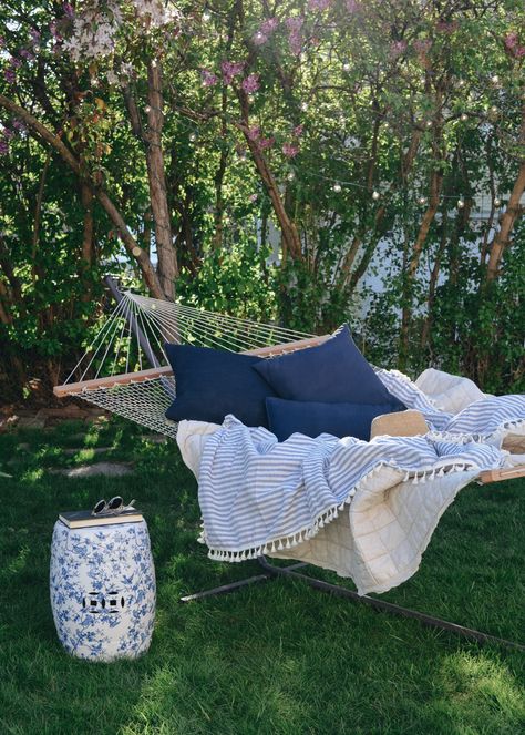 1930s Farmhouse, Hammock Area, Hammock Ideas, Cozy Hammock, Patio Hammock, Linen Blanket, Backyard Hammock, Stripe Blanket, Garden Hammock