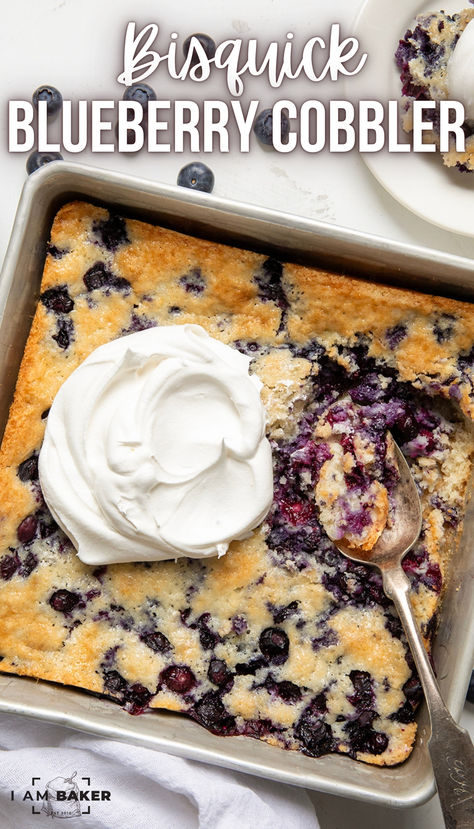 a square silver pan has blueberry cobbler with whipped cream on it and a silver spoon next to it. the pan is on a white countertop. Bisquick Blueberry Cobbler, Fresh Blueberry Cobbler, Cobbler With Bisquick, Easy Blueberry Desserts, Blueberry Cobbler Recipe, Best Grill Recipes, Cobbler Cake, Easy Blueberry Cobbler, Blueberry Cobbler Recipes