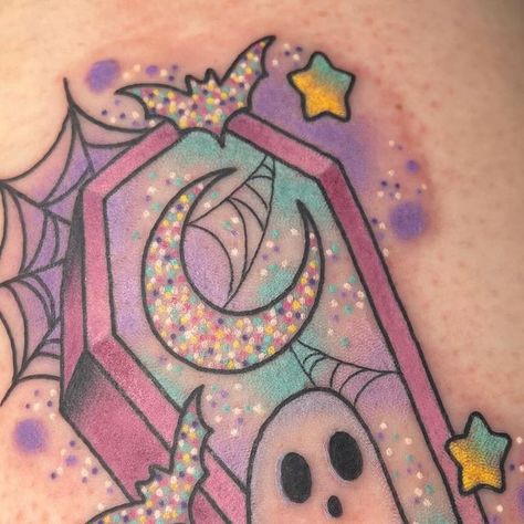 Alex Strangler | Tattoo Artist | Las Vegas on Instagram: "Spoopy ghost from my pre-drawns 👻" Kawaii Ghost Tattoo, Cute Coffin Tattoo, Spooky Tattoo Designs, Coffin Tattoo Ideas, Creepy Cute Tattoo, Coffin Tattoos, Cute Tattoos Ideas, Alex Strangler, Coffin Tattoo