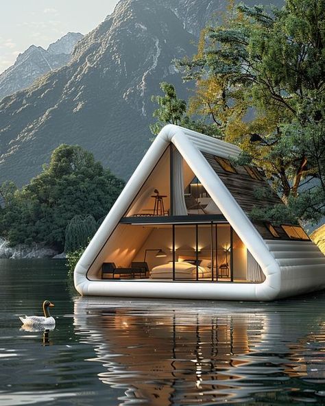 AI WORLD . Midjourney . Digital creator on Instagram: "Modern Boathouse Bliss 🏡🌊  Ever dreamt of a serene escape where you can float above tranquil waters and wake up to breathtaking mountain views? These modern boathouses offer the perfect blend of luxury and nature. Imagine sipping your morning coffee with the serene reflection of the lake and the gentle sway of the house. It’s the ultimate getaway for those seeking peace and a touch of adventure.  Which one would you choose for your next retreat? Swipe to see more! 🌅✨  #BoathouseLiving #ModernDesign #NatureEscape #LakeRetreat #LuxuryLiving #TravelGoals #DreamGetaway #aidreams #ai #aiart #aiimagecreator" Floating Houses On Water, Modern Boathouse, House In Water, Modern Stilt House, House On Water, Peaceful House, Boathouse Design, Floating Hotel, Shelter Ideas