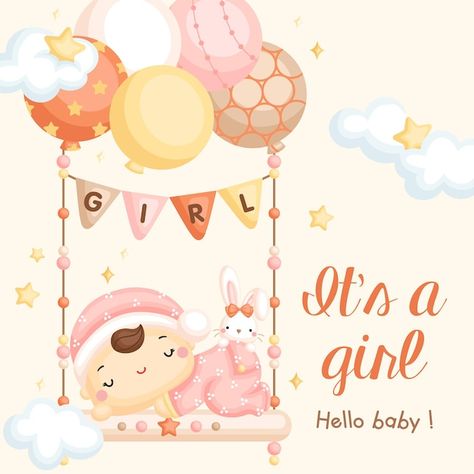 Vector baby girl on swing balloon arriva... | Premium Vector #Freepik #vector #baby-cloud #cartoon-card #cute-kids #baby-star Boxes Template, Halloween Invitaciones, Baby Belle, Tiger Baby, Business Card Set, Girl Swinging, Florist Logo