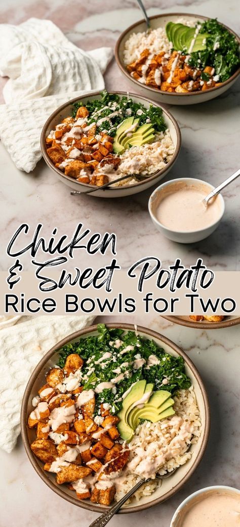 A delicious and nutrient-dense recipe for roasted chicken and sweet potato rice bowls topped with roasted chicken breast, roasted sweet potatoes, massaged kale, crumbled feta cheese, avocado, and a creamy chipotle sauce. This is a small batch recipe that makes two chicken and sweet potato rice bowls. #chickenricebowls #chickenkalebowls #sweetpotatobowl #healthyrecipeideas #healthydinnerideas #recipesfortwo #smallbatchrecipes Healthy Lunch Bowls For Work, Nutritious Dinner Ideas, Healthy Fall Recipes Dinner High Protein, Highly Nutritious Meals, Healthy Dinner Date Recipes, Fall High Protein Recipes, Turkey Sweet Potato Bowl, Cozy Healthy Meals, Healthy Cozy Dinner Recipes