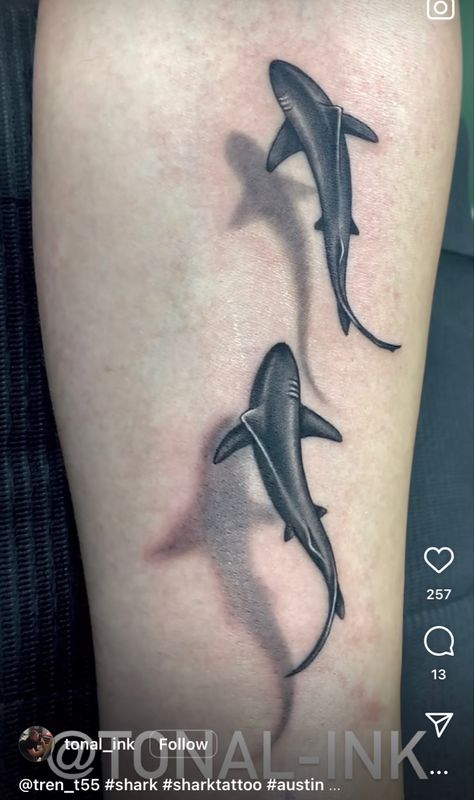 Shark Tattoo Silhouette, Stingray Shadow Tattoo, Cobia Fish Tattoo, Small Tattoos Animals Simple, Shark And Shadow Tattoo, Shark Men’s Tattoo, Sharks Tattoo Ideas, One Line Orca Tattoo, 2 Sharks Tattoo