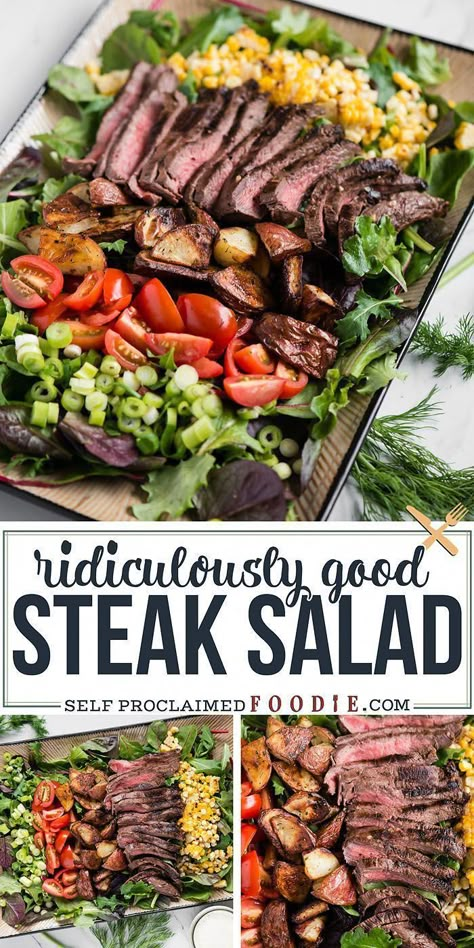 Steak Salad, made with marinated flat iron steak, roasted potatoes and corn, baby greens, and homemade ranch dressing is a delicious complete dinner recipe! #steaksalad #dressing #recipe #ranch #easy #marinade #grilled Steak Pasta Salad Recipes, Steak And Salad Recipes, Farm Fresh Dinner Recipes, Best Steak Salad Recipe, Steak Corn Salad, Healthy Salad For Dinner, Steak And Potato Salad, Fresh And Light Dinner Recipes, Steak Tip Salad