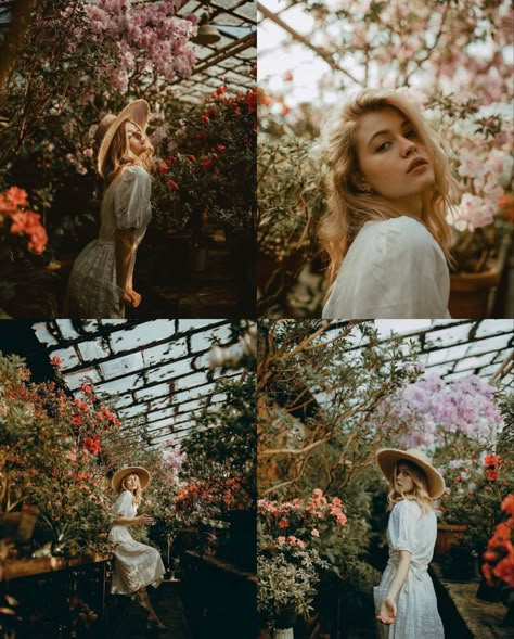 Photoshoot In Garden Ideas, Botanical Garden Portrait Photography, Photoshoot In Botanical Garden, Garden Fashion Photography, Indoor Garden Photoshoot, Poses For Garden Shoot, Photoshoot In Greenhouse, Ethereal Garden Photoshoot, Garden Shoot Photography