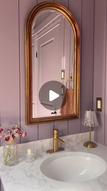 Christine Kissick Home | slow interiors on Instagram: "It’s been so fun adding beautiful colours throughout our home! Miles’s room is next! Can’t wait to show you the blue we went with 🥰 Powder room - hazy lilac @benjaminmoore  Primary bathroom - Intrigue @benjaminmoore" Pink And Blue Bathroom, Hazy Lilac, Lilac Bathroom, Lilac Walls, Purple Bathrooms, Primary Bathroom, Beautiful Colours, Powder Room, Future House