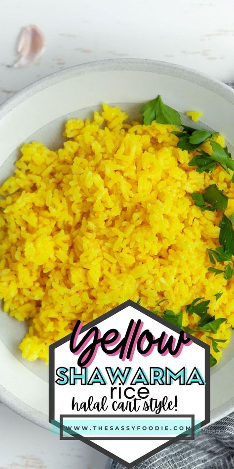 Halal carts serve up iconic, brightly coloured yellow rice as a base for their meals. This homemade yellow shawarma rice is light, fluffy, and full of flavour. This method yields perfectly fluffy, never gummy rice. Serve this rice as a base for air fryer chicken shawarma, topped with that iconic white sauce. Shawarma Rice Recipe, Shawarma Rice, Yellow Rice Recipes, Rice Side Dish Recipes, Chicken Shawarma Recipe, Shawarma Recipe, Side Dishes For Chicken, Flavored Rice, Rice Bowls Recipes