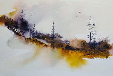 Landscape Painting Watercolor, Tree Watercolor Painting, Watercolor Art Landscape, Abstract Watercolor Landscape, Watercolor Workshop, Watercolour Landscape, Ink And Watercolour, Minimalist Watercolor, Watercolor Tips