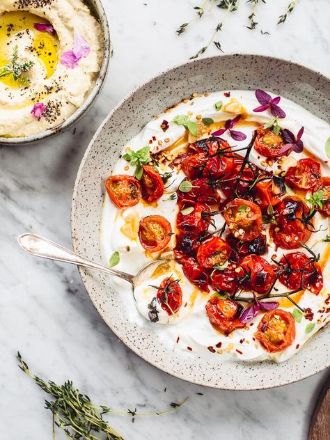 Charred Tomatoes with Cold Yoghurt (Ottolenghi)      //      cherry tomatoes, olive oil, cumin seeds, light brown sugar, garlic, thyme, oregano, lemon, extra-thick greek yogurt Ottolenghi Recipes, Tomato Dishes, Yotam Ottolenghi, Middle Eastern, A Bowl, Food Inspiration, Food Blogger, Appetizer, Tomatoes