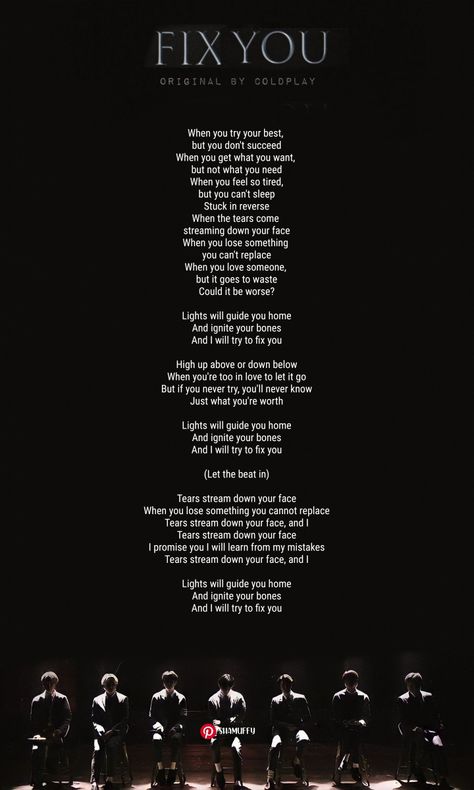 Bts fix you lyrics shamuffy Coldplay Fix You Lyrics, Fix You Lyrics, Coldplay Fix You, Kpop Song Lyrics, English Songs Lyrics, Pop Song Lyrics, Bts Words, Fix You Coldplay, Coldplay Lyrics